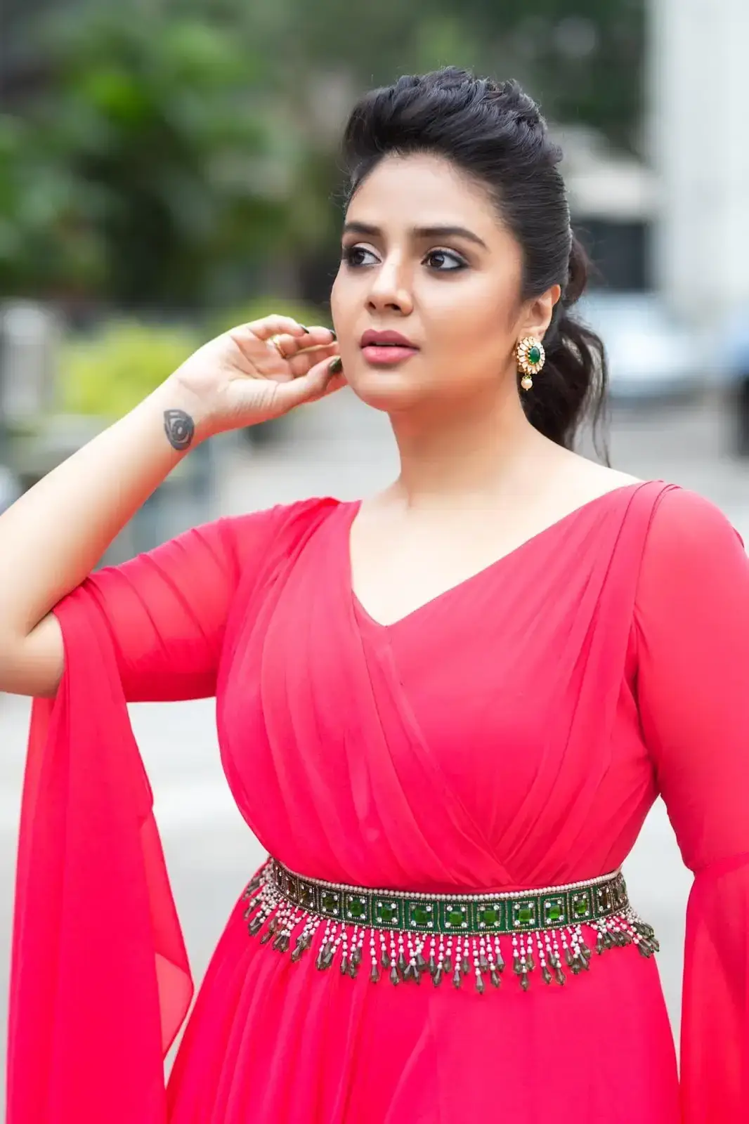 South Indian Television Actress Sreemukhi in Long Red Gown